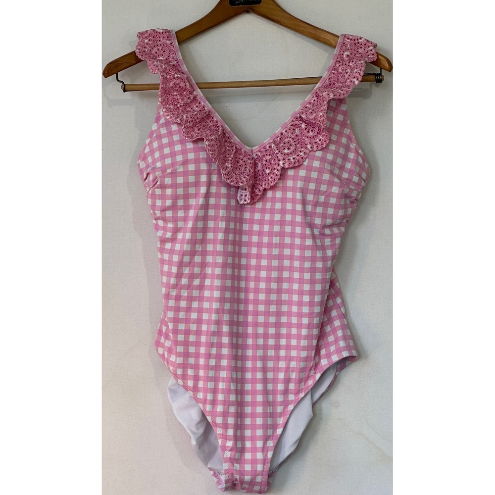 Draper James Lands End Gingham Eyelet One Piece Swimsuit Women 10 Pink Excellent